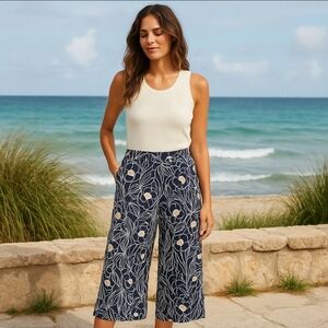 Habitat Palm Beach Floral Wide Legs Crop Pant XXL Navy Blue Lagenlook Coastal
